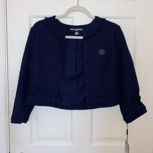 Karl Lagerfeld Paris, navy tweed cropped dress jacket. Size XS.